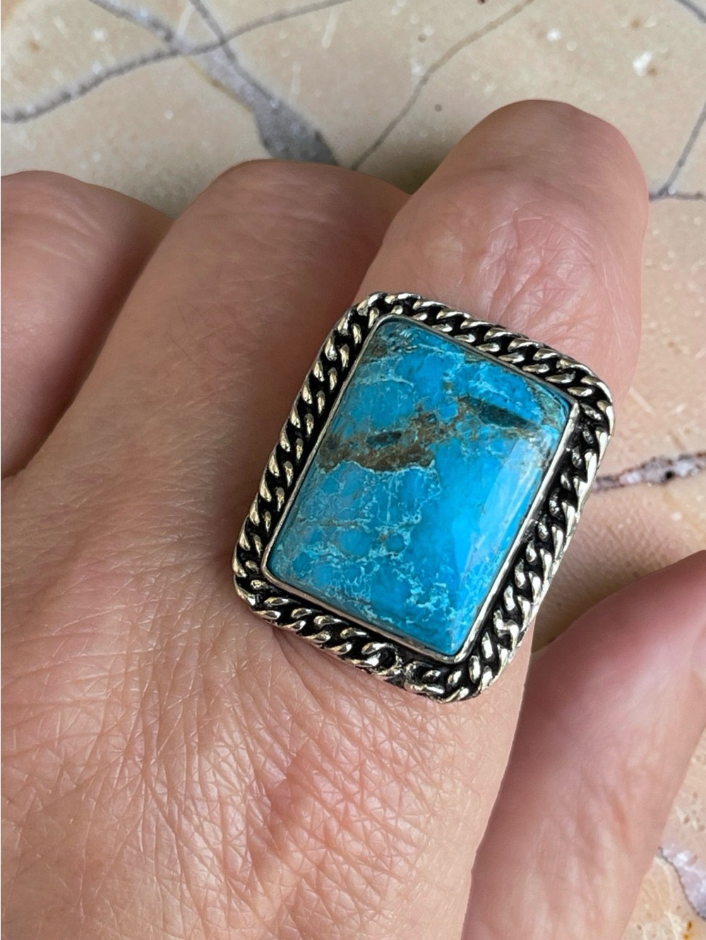 Southwestern Square Natural Turquoise Sterling Silver Ring Sz 9.5